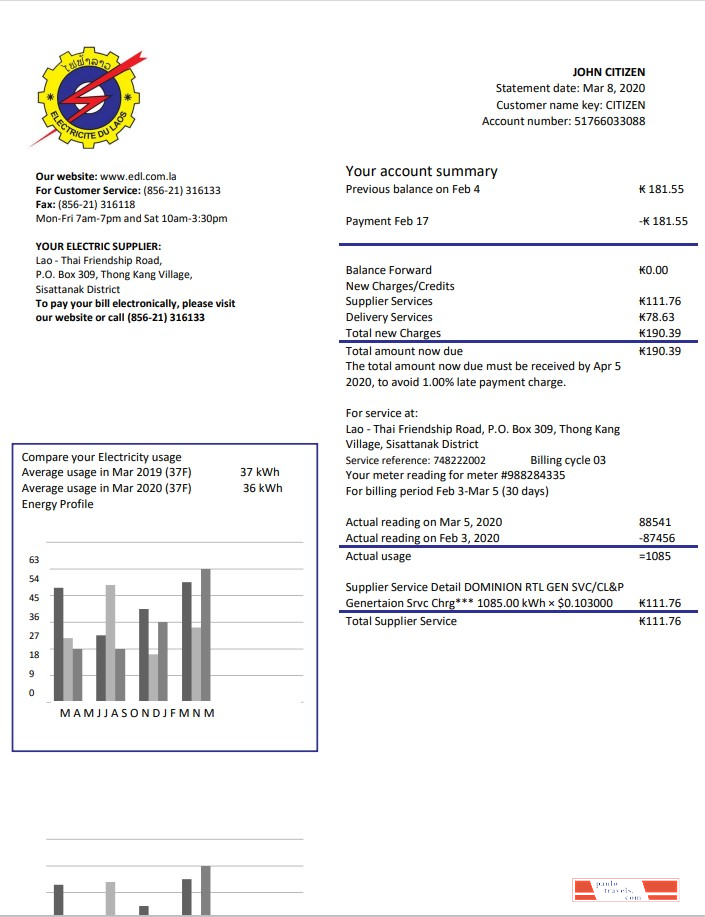 Laos Electricite du Laos electricity utility bill template in Word and PDF format